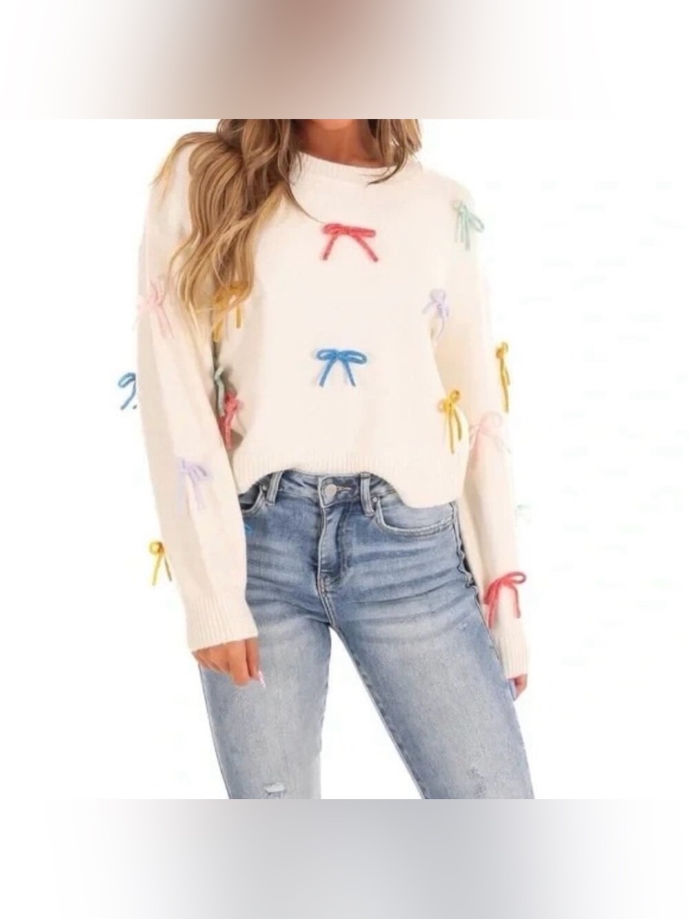 Luna Ivy multicolor 3D Bow Coquette Sweater Anthropologie Size Large EUC
